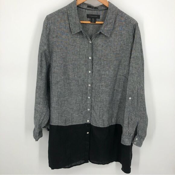 Tahari Linen Shirt Womens 1X Black Button Front Roll Tab Long Sleeve - Picture 1 of 8